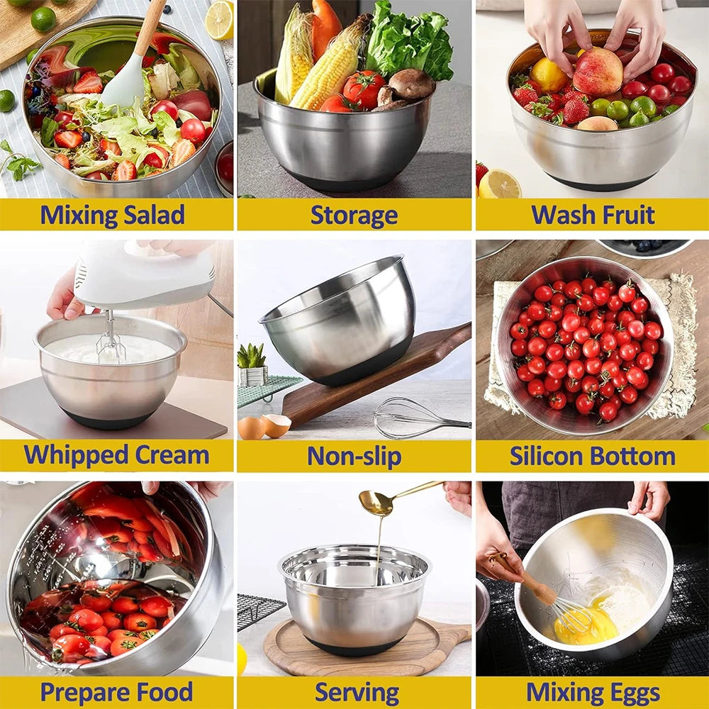 LMETJMA 6 Pcs Stainless Steel Mixing Bowls with Black Lids Kitchen Nesting Salad Mixing Bowl With Non-slip Silicone Bottom JT327 by S And B Enterprise