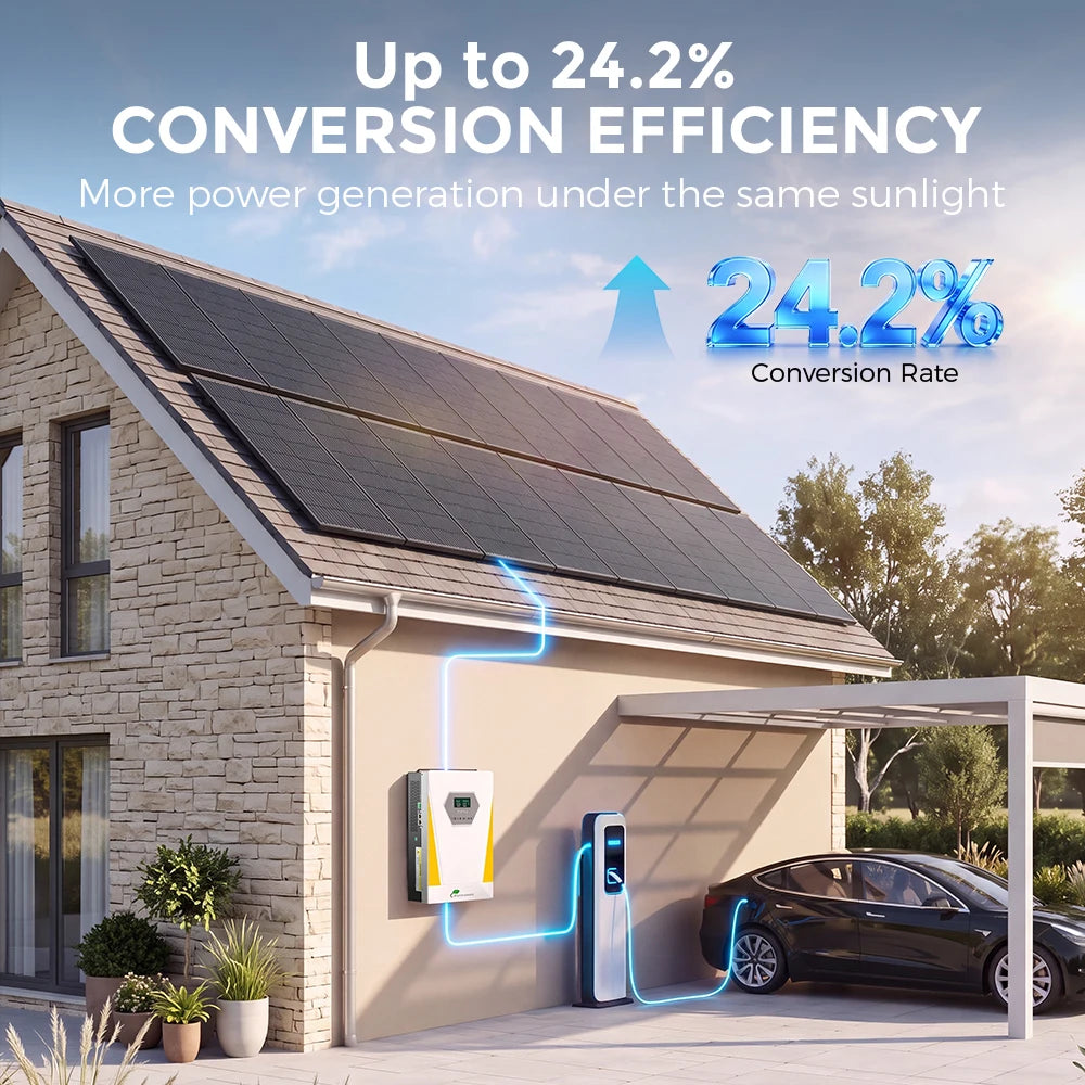 RVPOZWER rigid solar panels with 18BB N-Type mono cells, 24.2% efficiency, mounted on home roof with EV charger