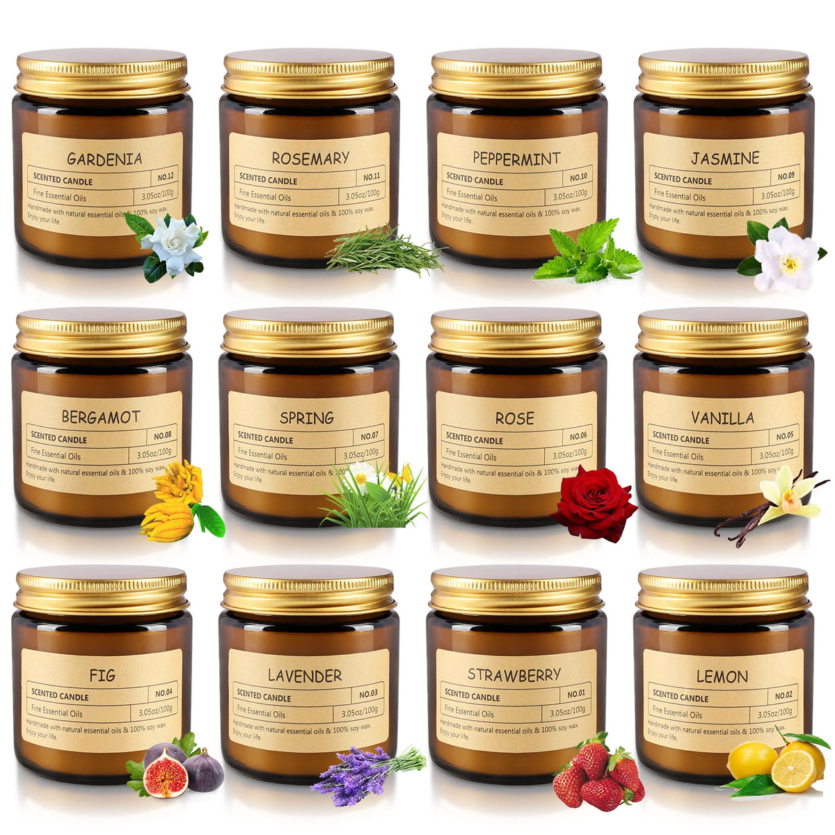 12-pack amber glass scented candles with gold lids by S And B Enterprise in 12 fragrances for gatherings and gifts