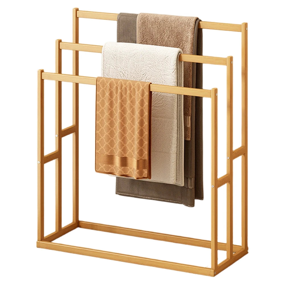Wood vertical towel rack by S And B Enterprise, gold finish, 3-tier standing design for bathroom storage