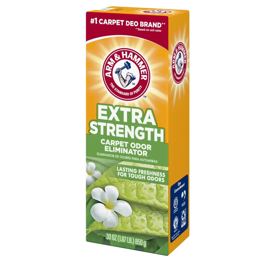 Extra Strength Carpet Odor Eliminator powder by Arm & Hammer, fresh scent, 30 oz box
