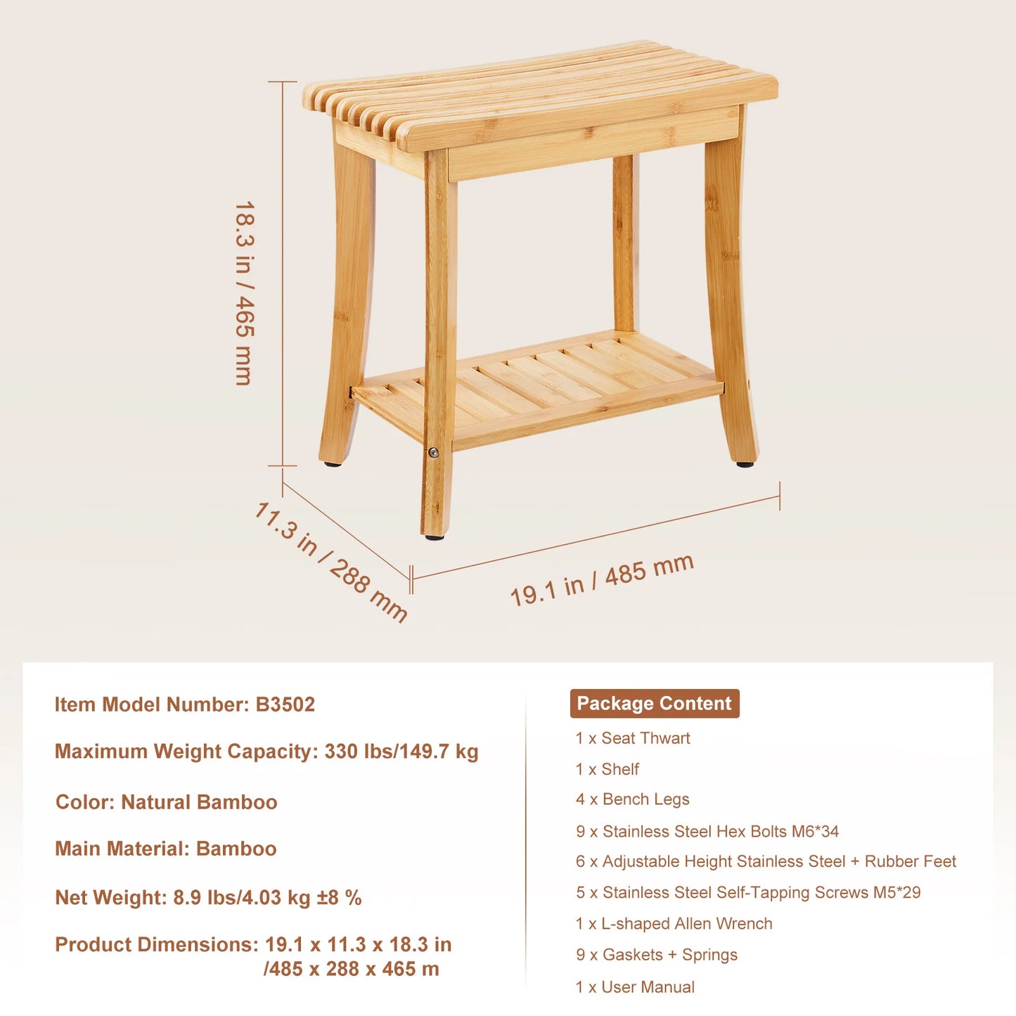 SucceBuy Bamboo Shower Bench 19.1x11.3x18.3 in Waterproof Shower Stool Chair with Storage Shelf 330lbs Load Capacity Spa Seat by S And B Enterprise