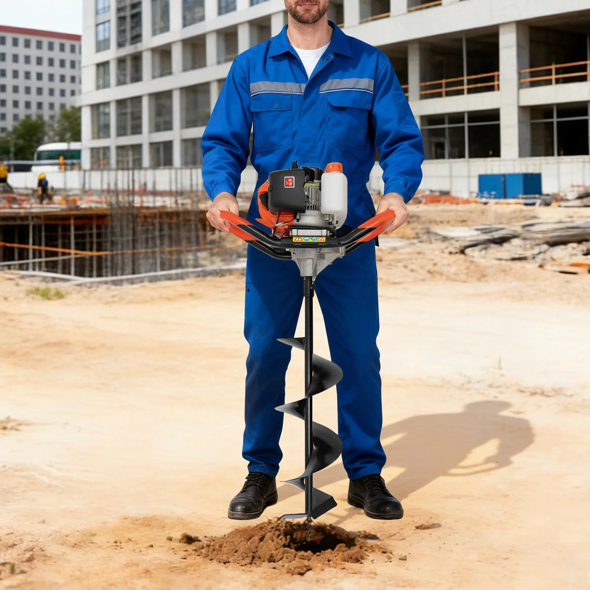 Gas-powered post hole digger with 4/6/8 in auger bits by S And B Enterprise; operator in blue coveralls