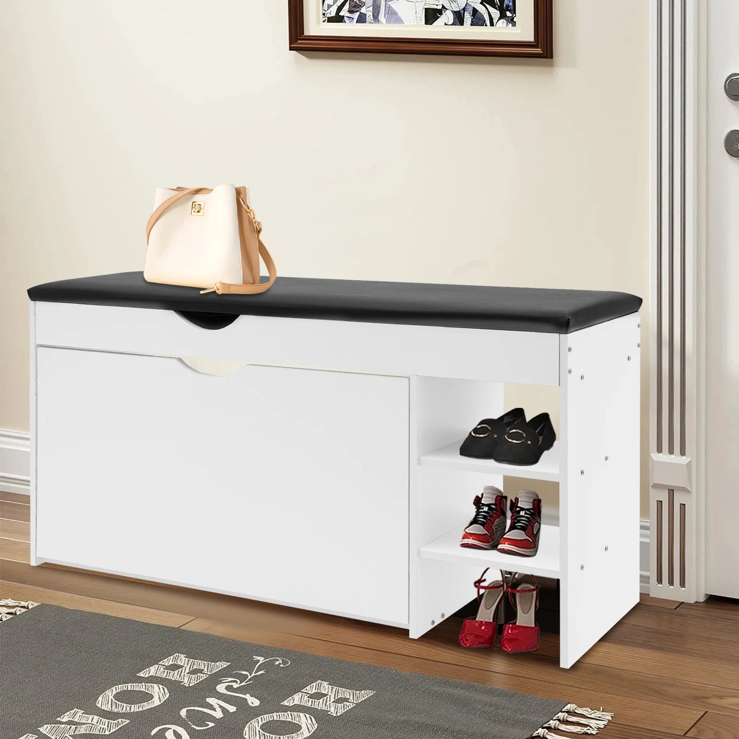 Three-Tier Shoe Bench With Cushioned Seat And Hidden Drawers