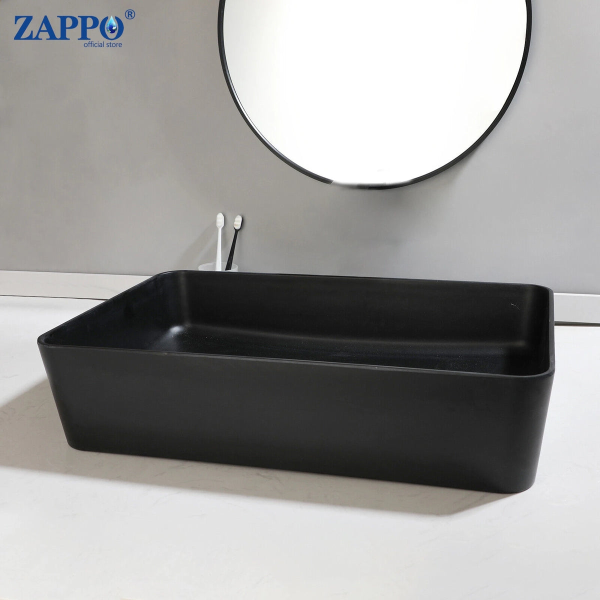 ZAPPO bathroom vessel sink, black rectangular stone-resin, above-counter installation.
