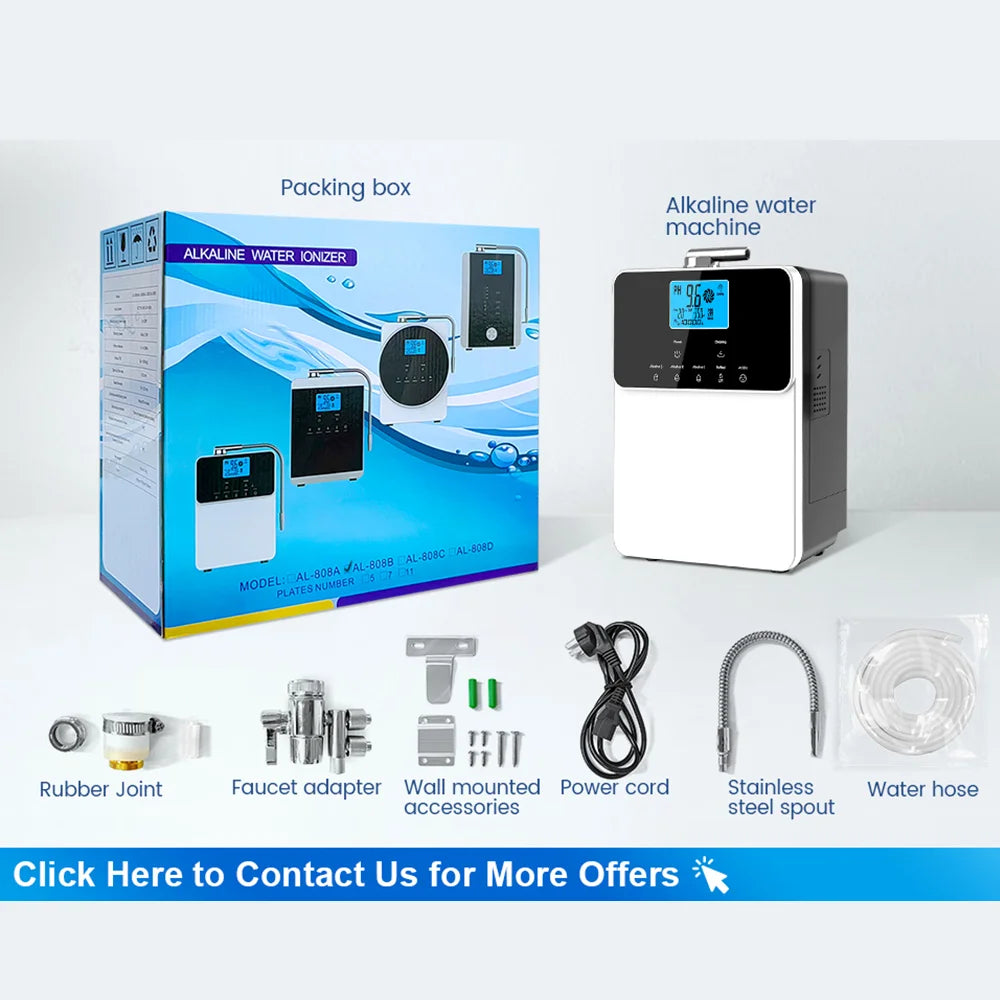 CAWOLO 11-plate platinum-coated alkaline water ionizer for home; white unit with blue display and 6 accessories