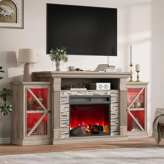 Electric Fireplace TV Stand With Glass Barn Doors And Shelf
