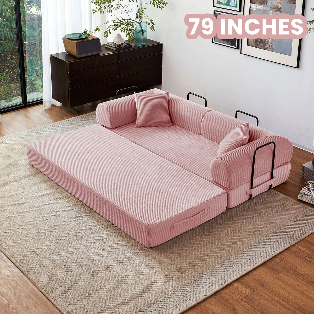 79-inch pink ribbed foldable futon sofa bed with L-shaped metal arms by S And B Enterprise