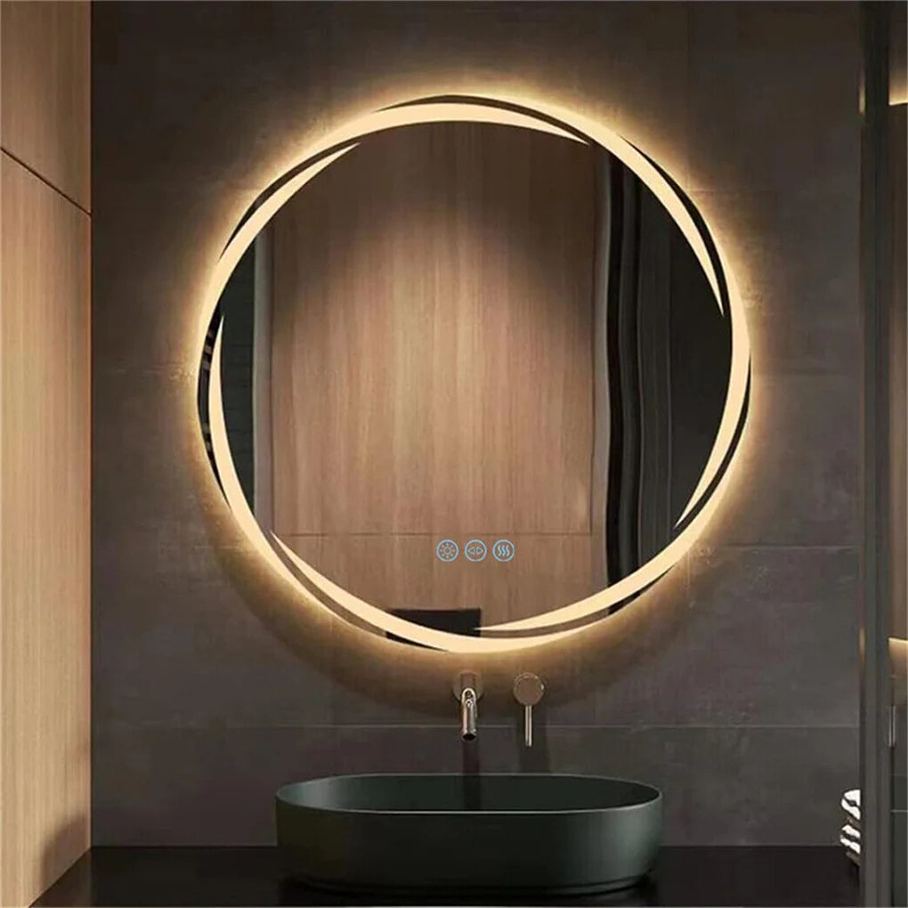 Round LED backlit vanity mirror with adjustable 3-color lighting, wall-mounted by S And B Enterprise.