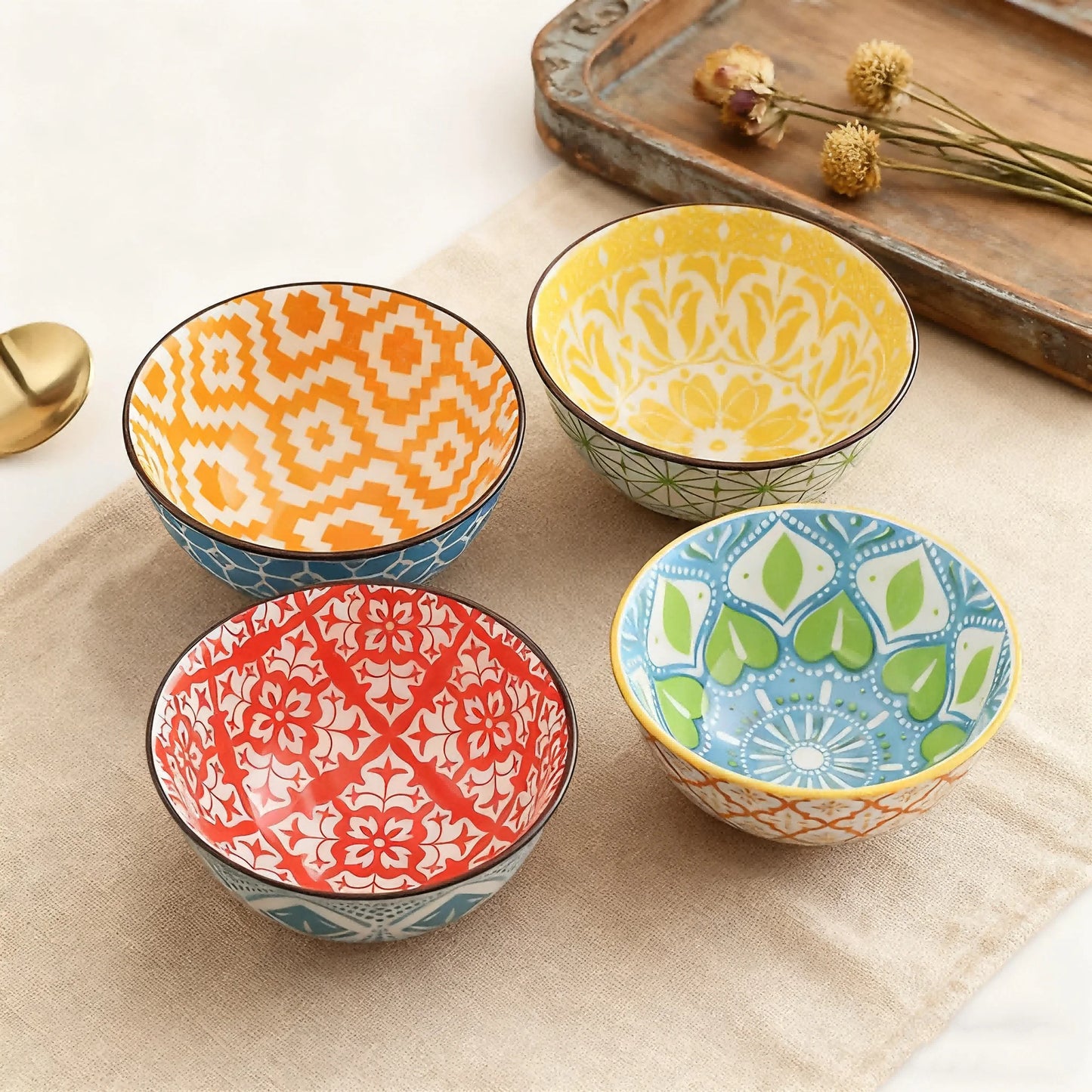 4-Piece Bohemian Ceramic Bowl Set - Salad, Dessert, Soup, Fruit, Appetizer & Snack Nut Bowls, Dishwasher & Microwave Safe by S And B Enterprise