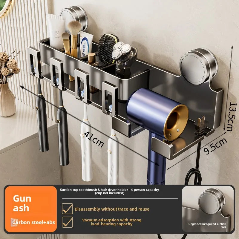 Toothbrush rack by S And B Enterprise; stainless steel suction-wall mount with four toothbrush holders and cup hooks