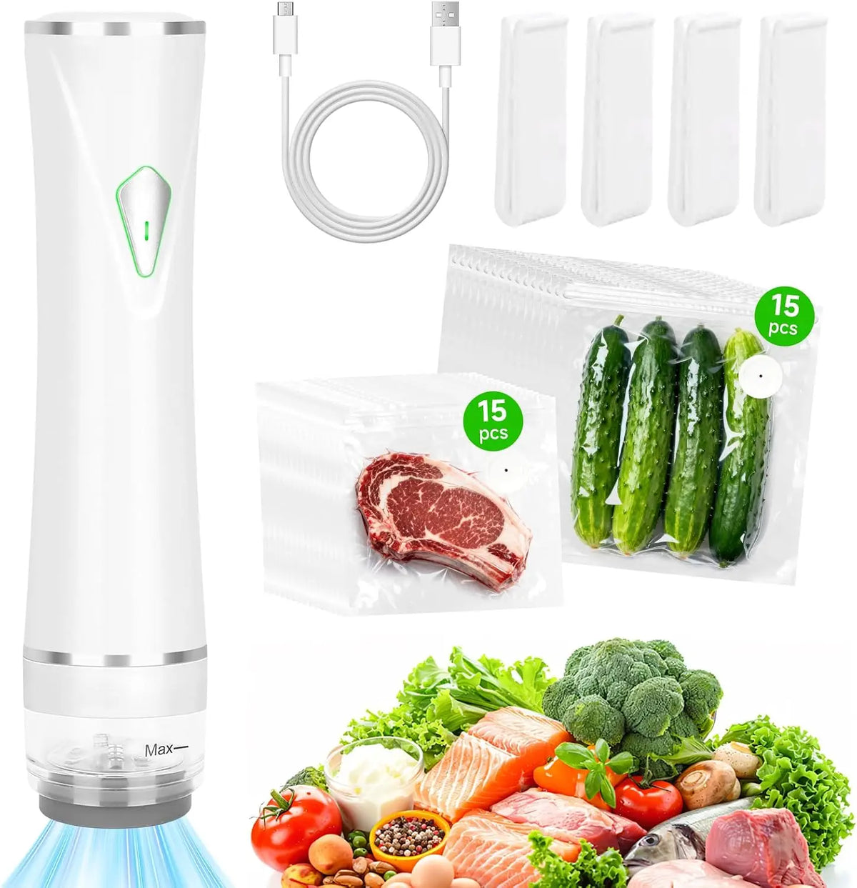 Cordless vacuum sealer kit by S And B Enterprise; white handheld sealer with USB and 30 BPA-free bags.