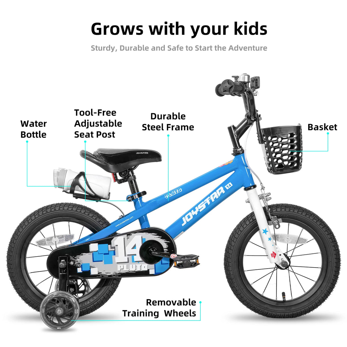 JOYSTAR kids bicycle in blue with front basket, water bottle, adjustable seat post and removable training wheels.
