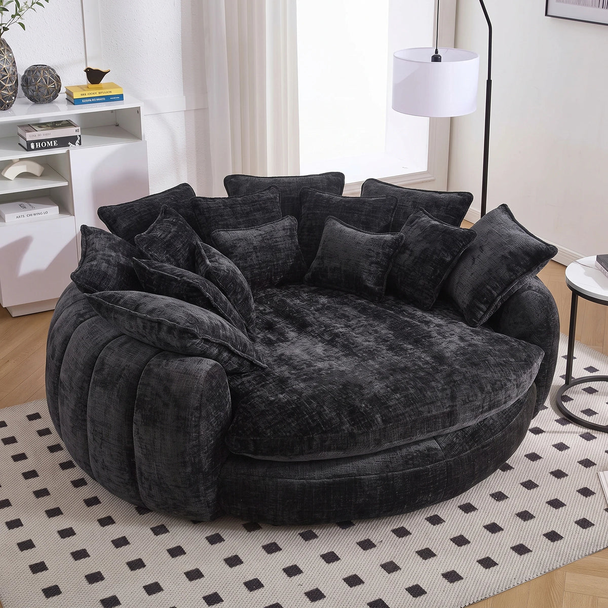 81.1 Cloud Couch Sleeper Sofa in dark charcoal chenille with round chaise, memory foam cushions, and 14 pillows