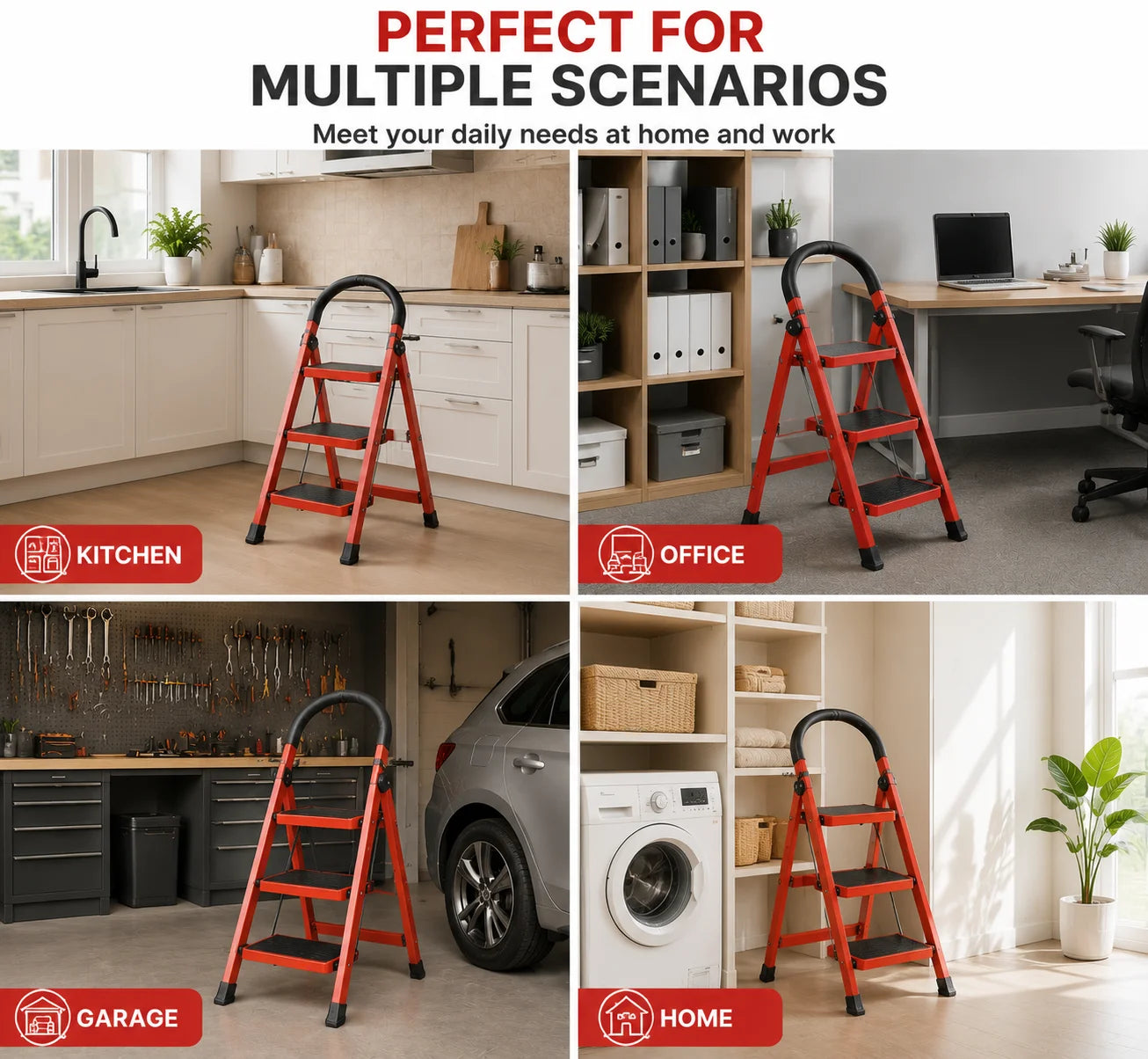 3 Step Folding Ladder Step Stool with Handrail and Tool Holde Portable Steel Frame Safety Ladder with Wide Anti Slip Steps Reinforced A Frame Structure Non Slip Rubber Feet Stable Climbing Ladder for Home Kitchen Office Garag by S And B Enterprise