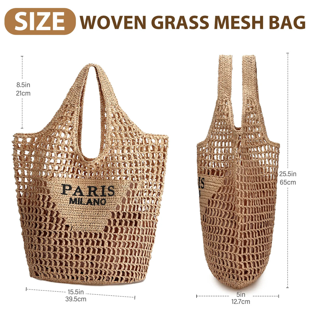 Straw woven tote bag for women, handmade beach bag with open mesh design in natural beige, Paris Milano print.