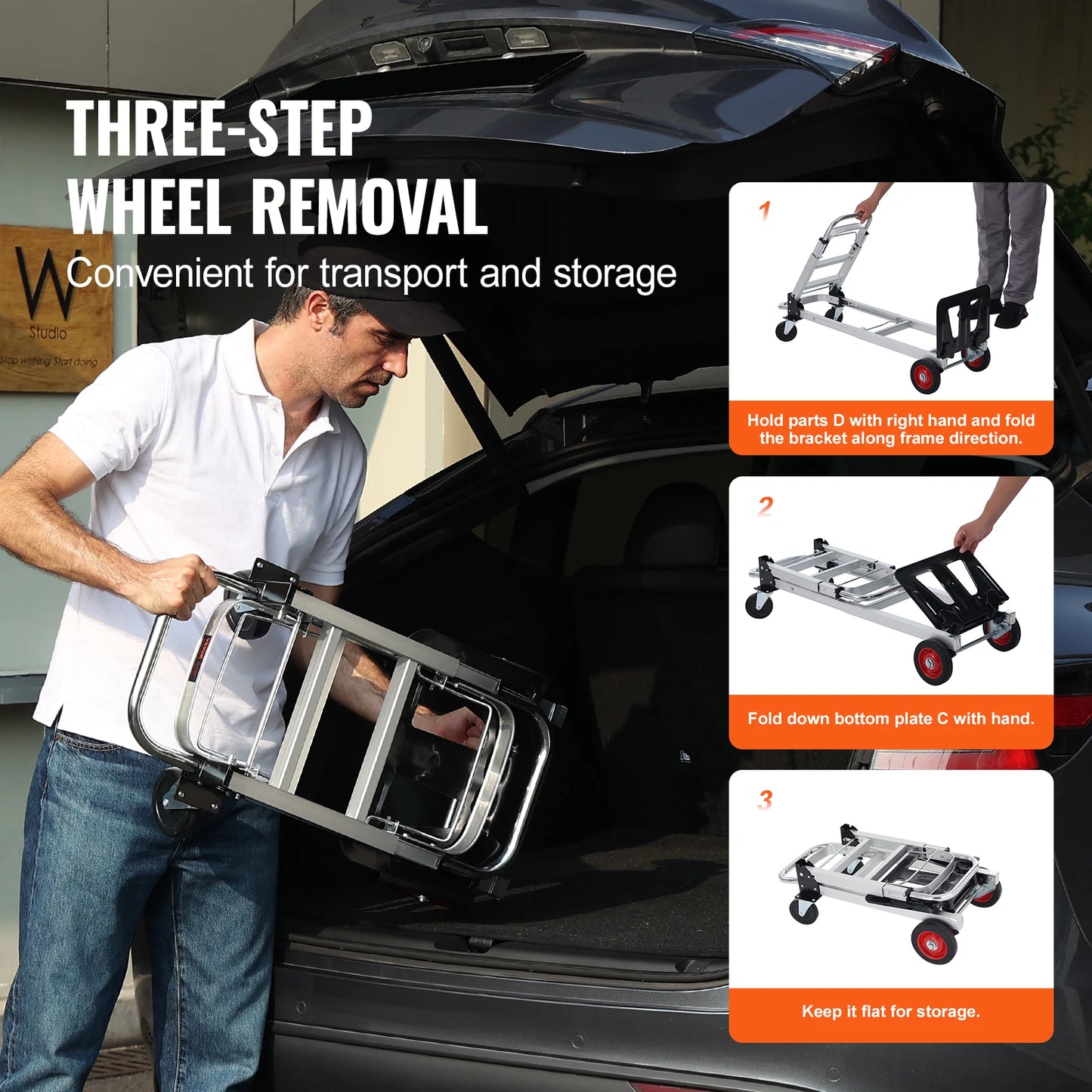 Folding hand truck with wheels; compact silver luggage cart shown being loaded into a car trunk.