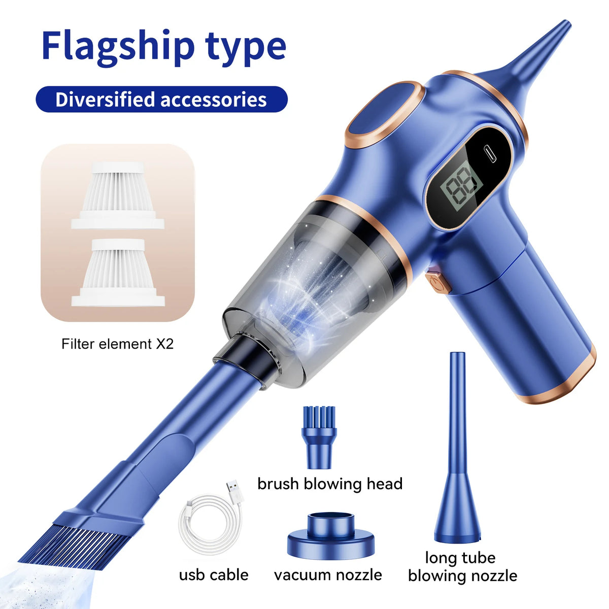 ABS wireless car vacuum cleaner in blue with gold trim, digital display, includes 2 filter elements and assorted nozzles