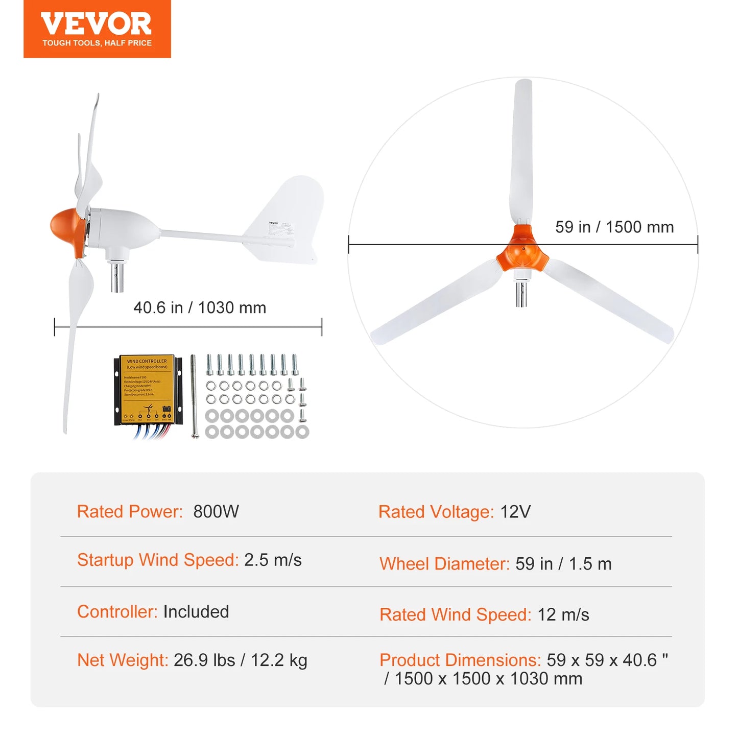 SucceBuy Wind Turbine Generator 12V 500W 800W With MPPT Controller