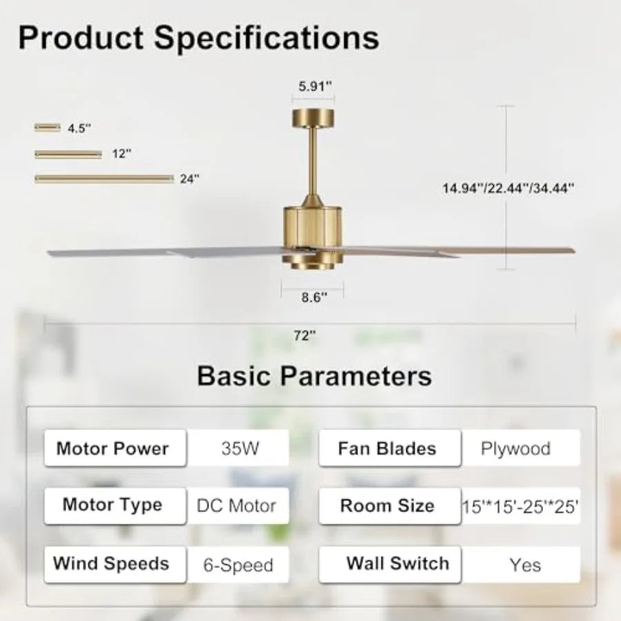 Ceiling Fan Without Light, 6-Speed DC Motor, Oak Blades
