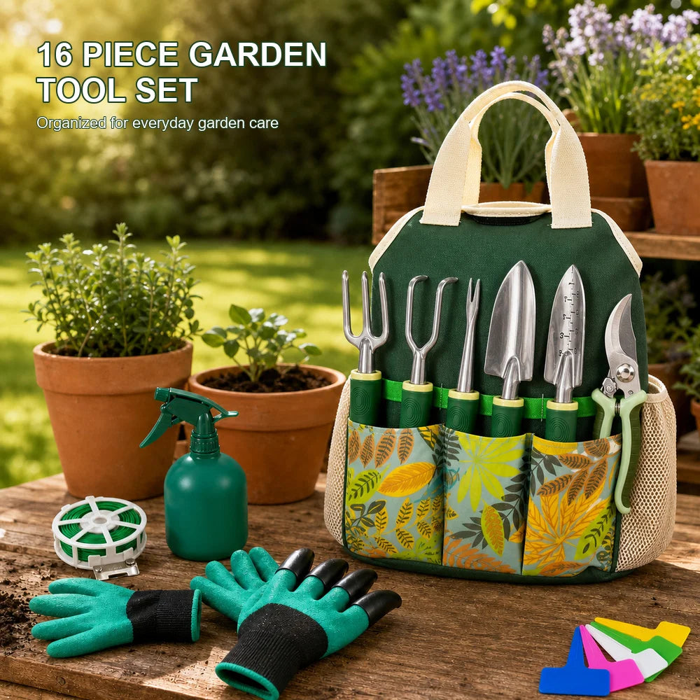 16-piece garden tool set with aluminum alloy tools in a floral tote, includes gloves and spray bottle