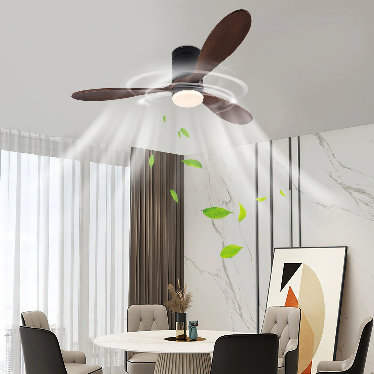 S And B Enterprise 52-inch ceiling fan with wood blades and LED light in a modern dining room.