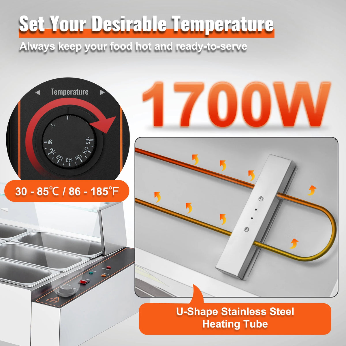 SucceBuy Commercial Food Warmer with glass lid and temperature control, 1700W for catering buffet restaurant