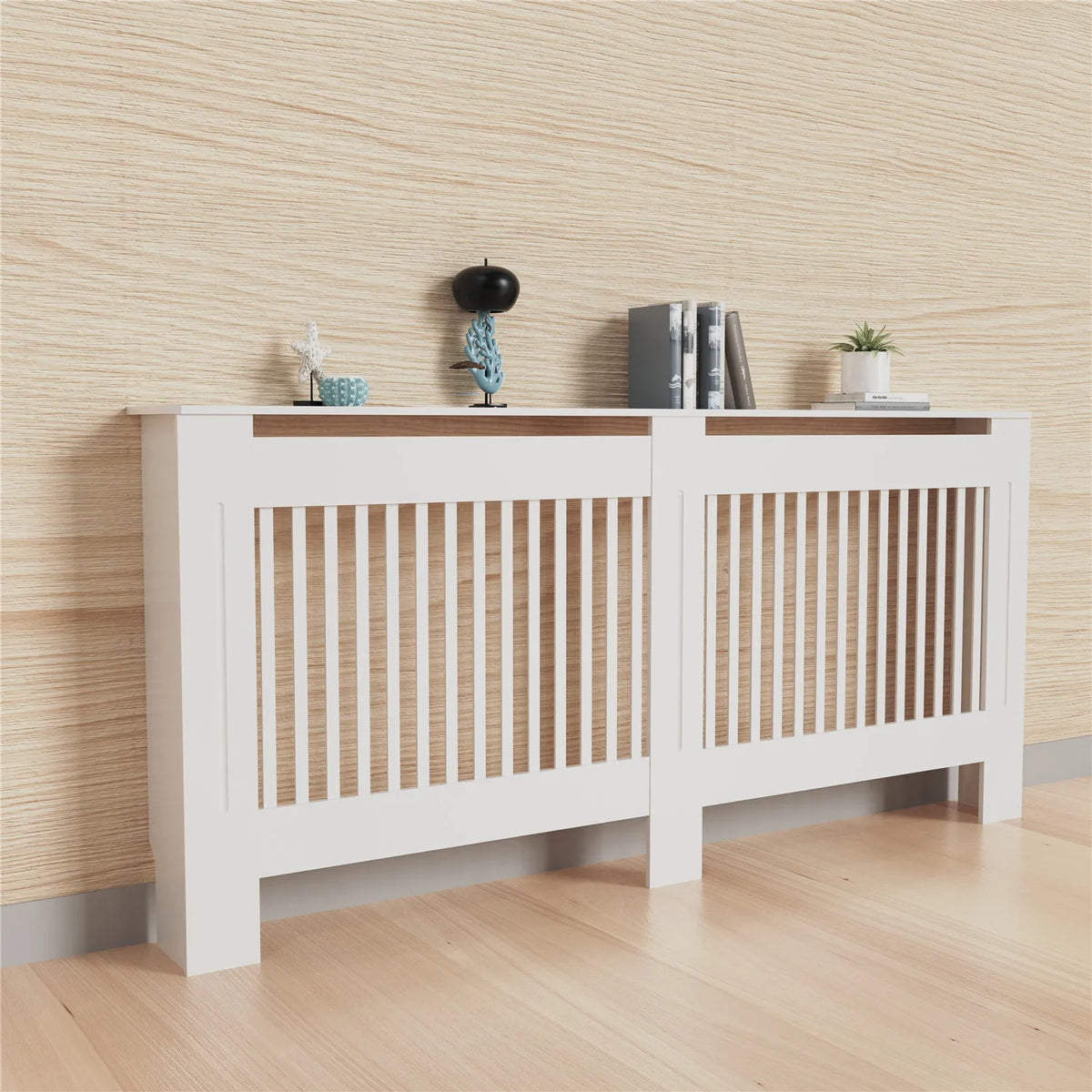 Radiator cover cabinet, 36.2-inch tall MDF white with wood top and slatted front panels