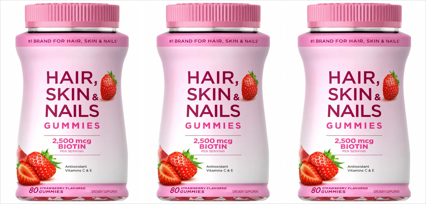 Hair Skin Nails Gummies with Biotin 2500 Mcg Vitamins A C E Strawberry Flavored Daily Beauty Support 80 Gummies by S And B Enterprise