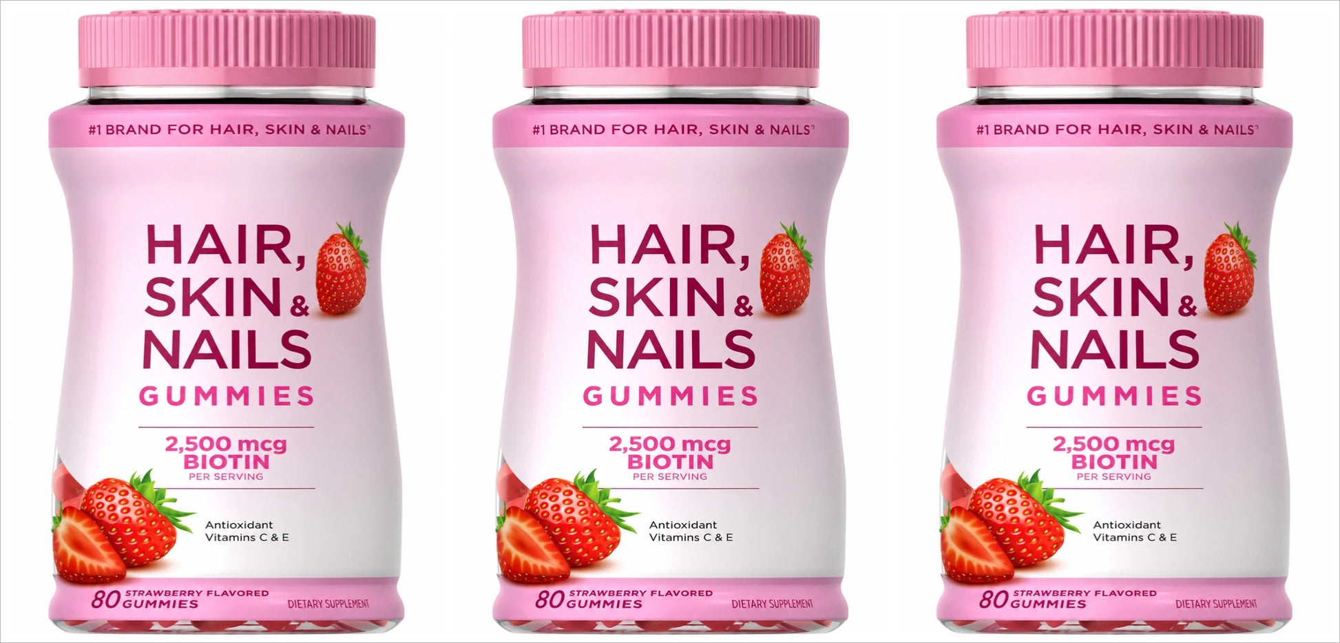 Hair Skin Nails Gummies with Biotin 2500 Mcg Vitamins A C E Strawberry Flavored Daily Beauty Support 80 Gummies by S And B Enterprise