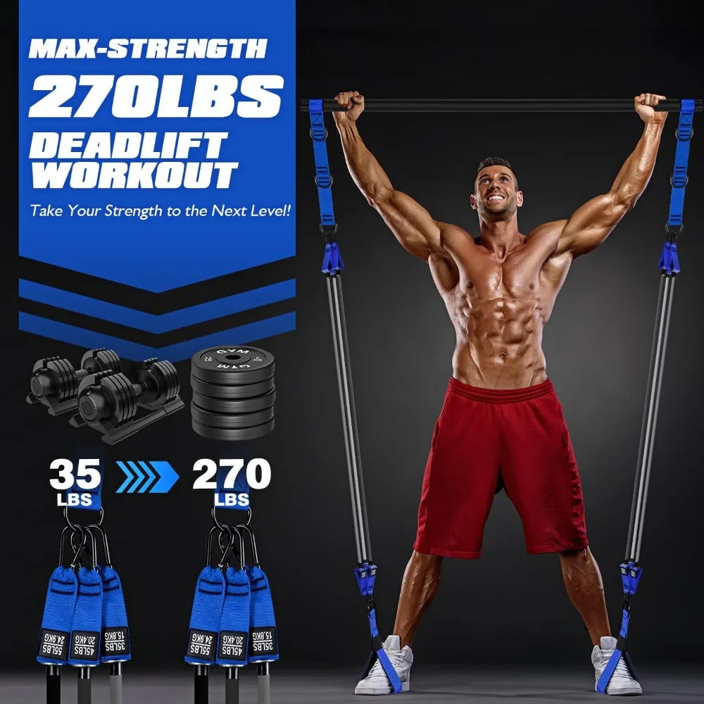 Portable heavy-duty Pilates bar kit with resistance bands for home workouts, blue handles shown.
