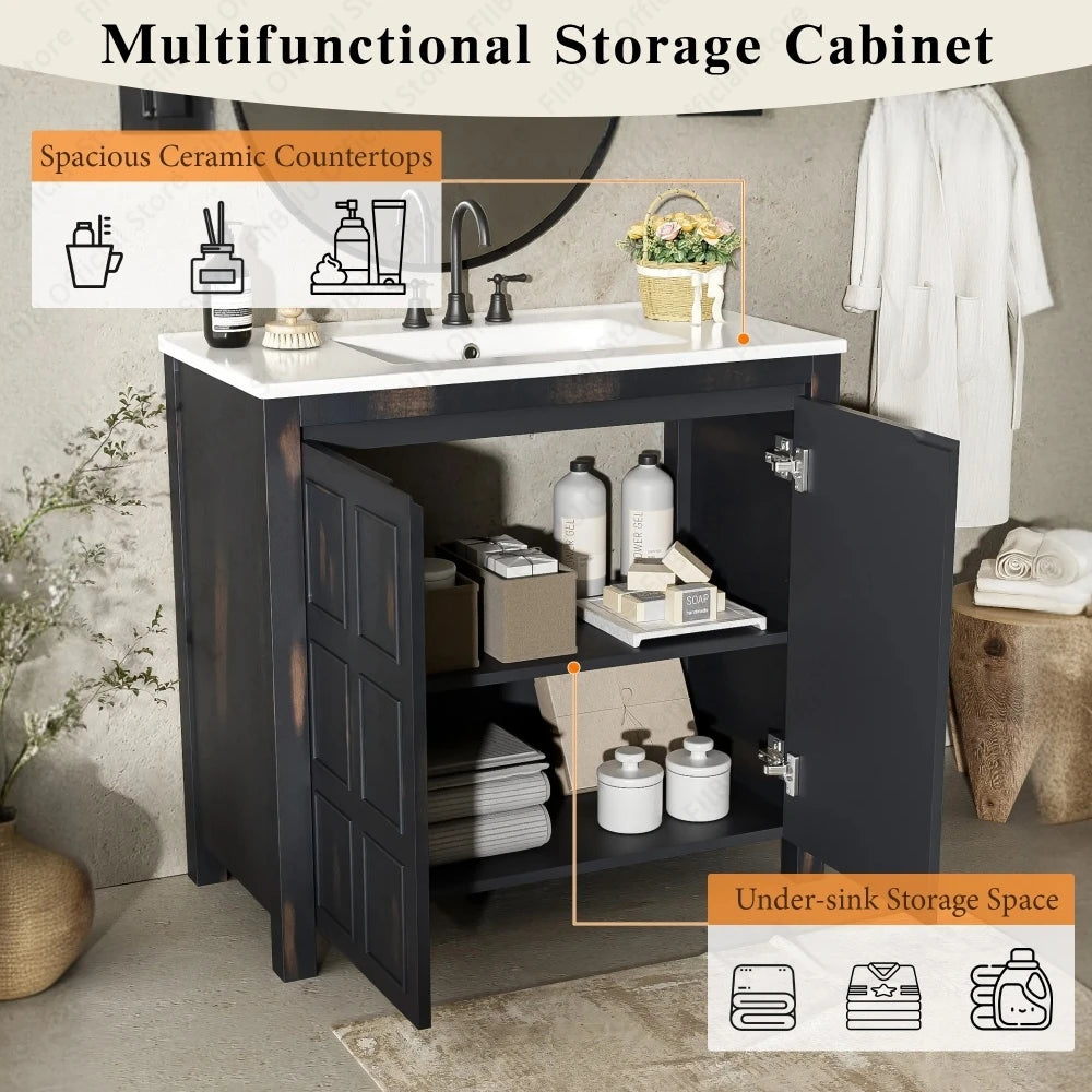 Bathroom Vanity Cabinet 36-inch solid wood with ceramic sink by S And B Enterprise, dark finish with soft-close doors