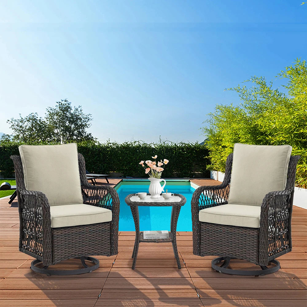 HiMISS 3-Piece Wicker Swivel Rocking Patio Set With Glass Table