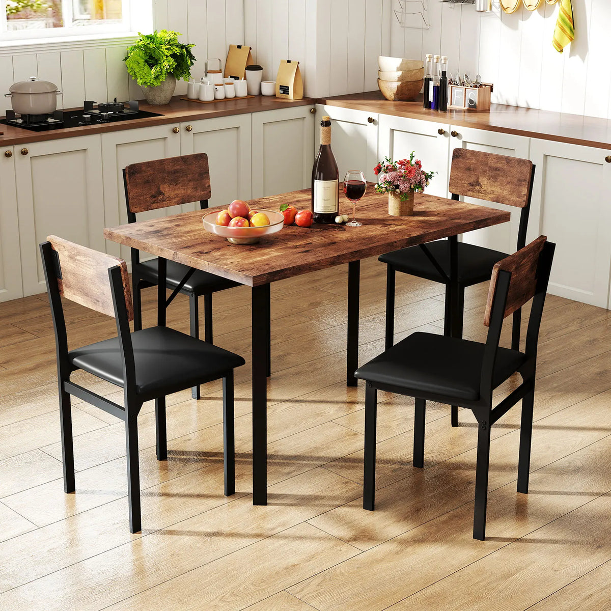 5-piece dining set for 4 with wooden tabletop and black metal legs; includes four chairs.