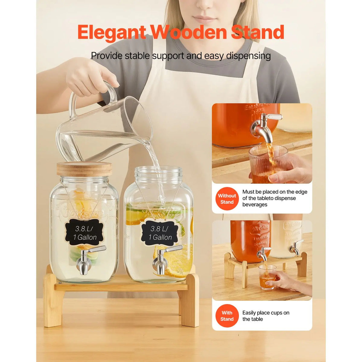 Glass beverage dispensers, 2-pack on a wooden stand with stainless steel spigots and infusers