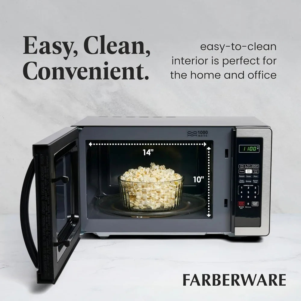 Farberware microwave oven, gray countertop unit, 1.1 cu ft, 1000W, popcorn in glass bowl inside