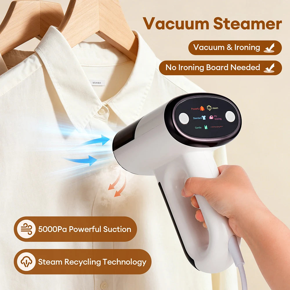 Handheld vacuum steam iron by S And B Enterprise; white garment steamer with black control head, for wrinkle removal.