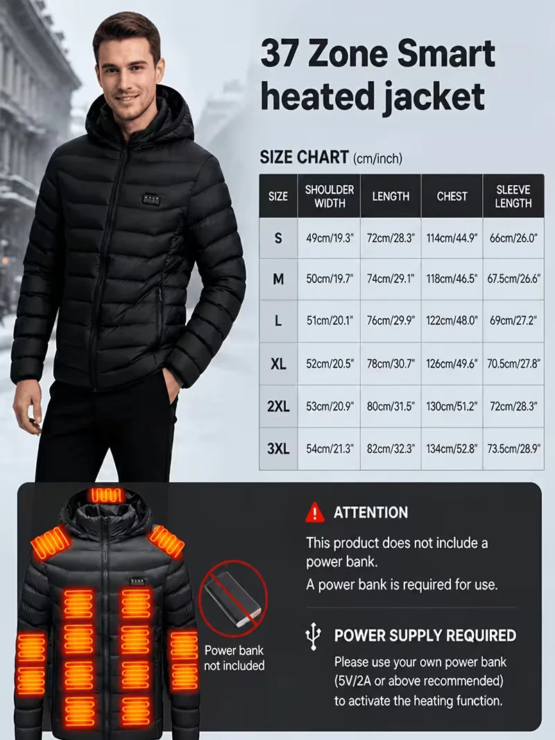 Men's black heated puffer jacket with 39 heating zones and four temperature settings