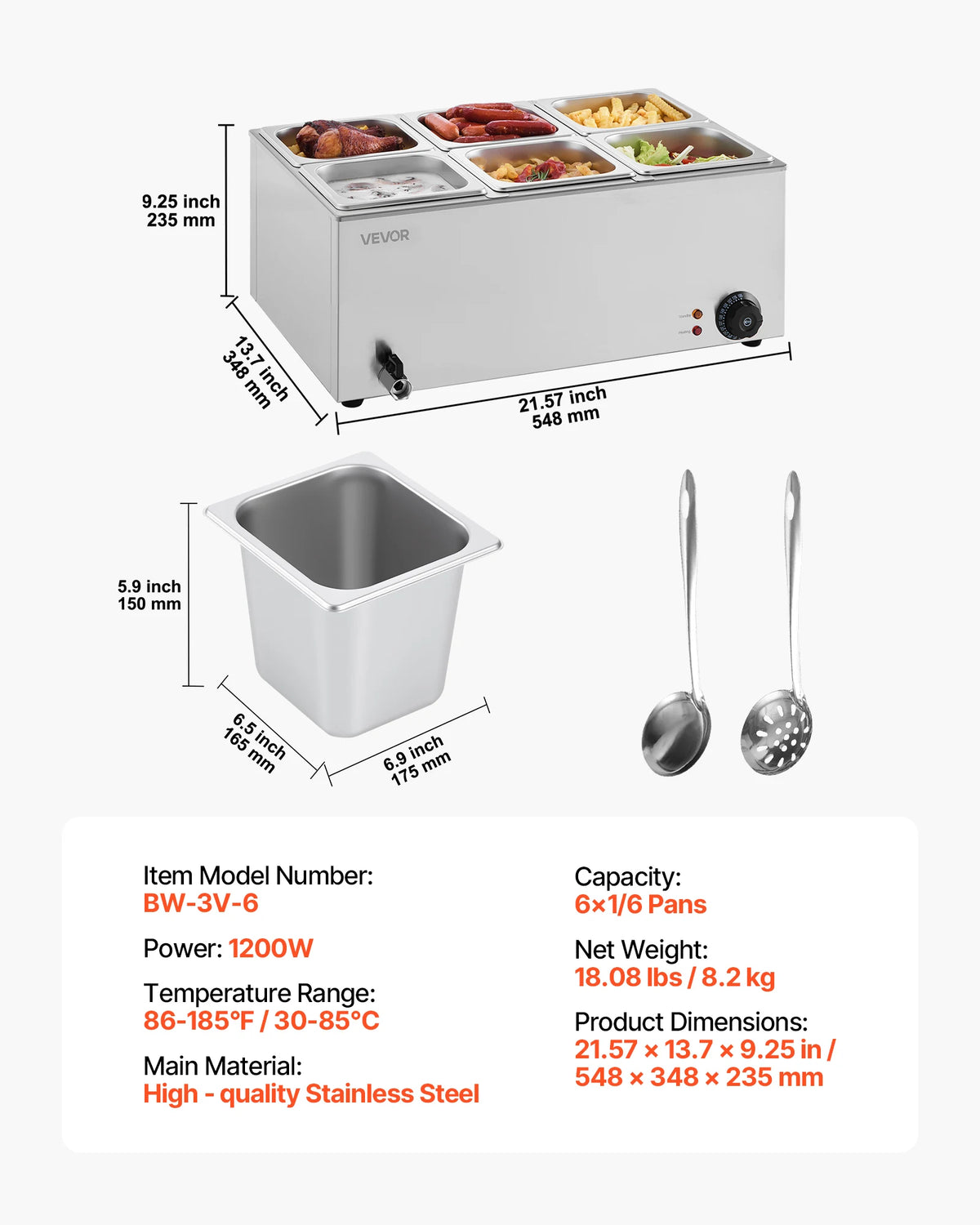 Commercial food warmer with glass lid and six stainless pans by VEVOR, 1200W