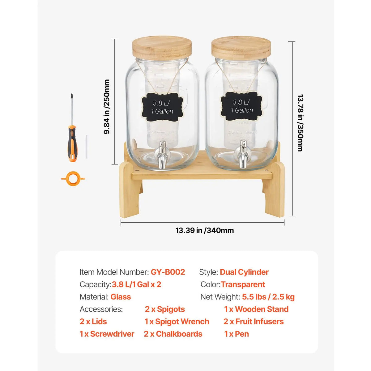 Beverage Dispenser 2-Pack with glass jars on a wooden stand and stainless steel spigots by S And B Enterprise