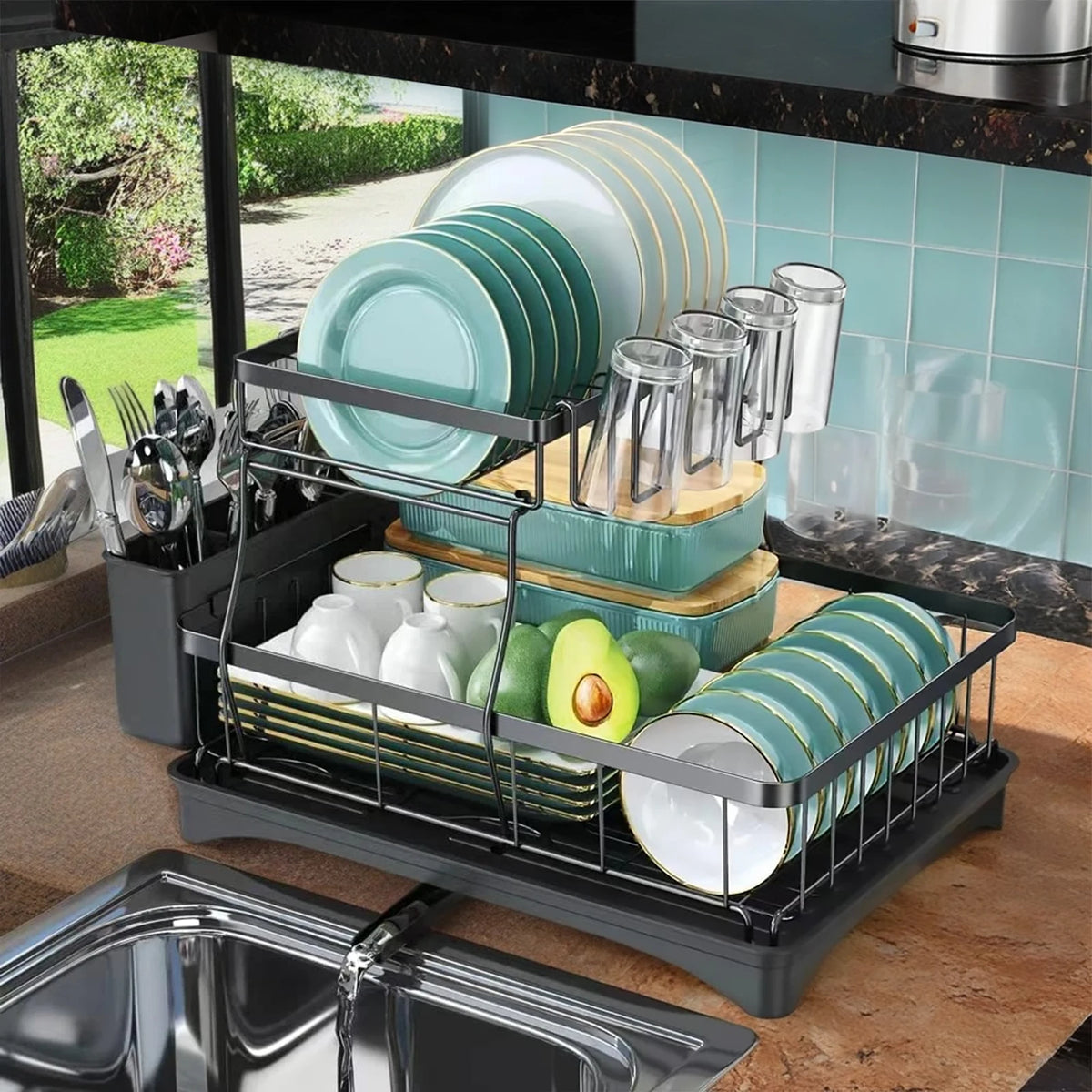 Removable, large-capacity two-tier dish drying rack by S And B Enterprise; gray metal frame with teal plates and clear glasses