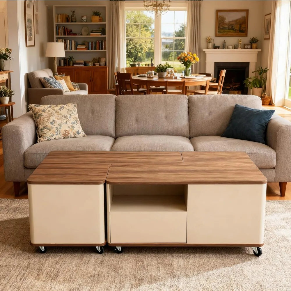 Farmhouse Wood Coffee Table With Wheels And Storage