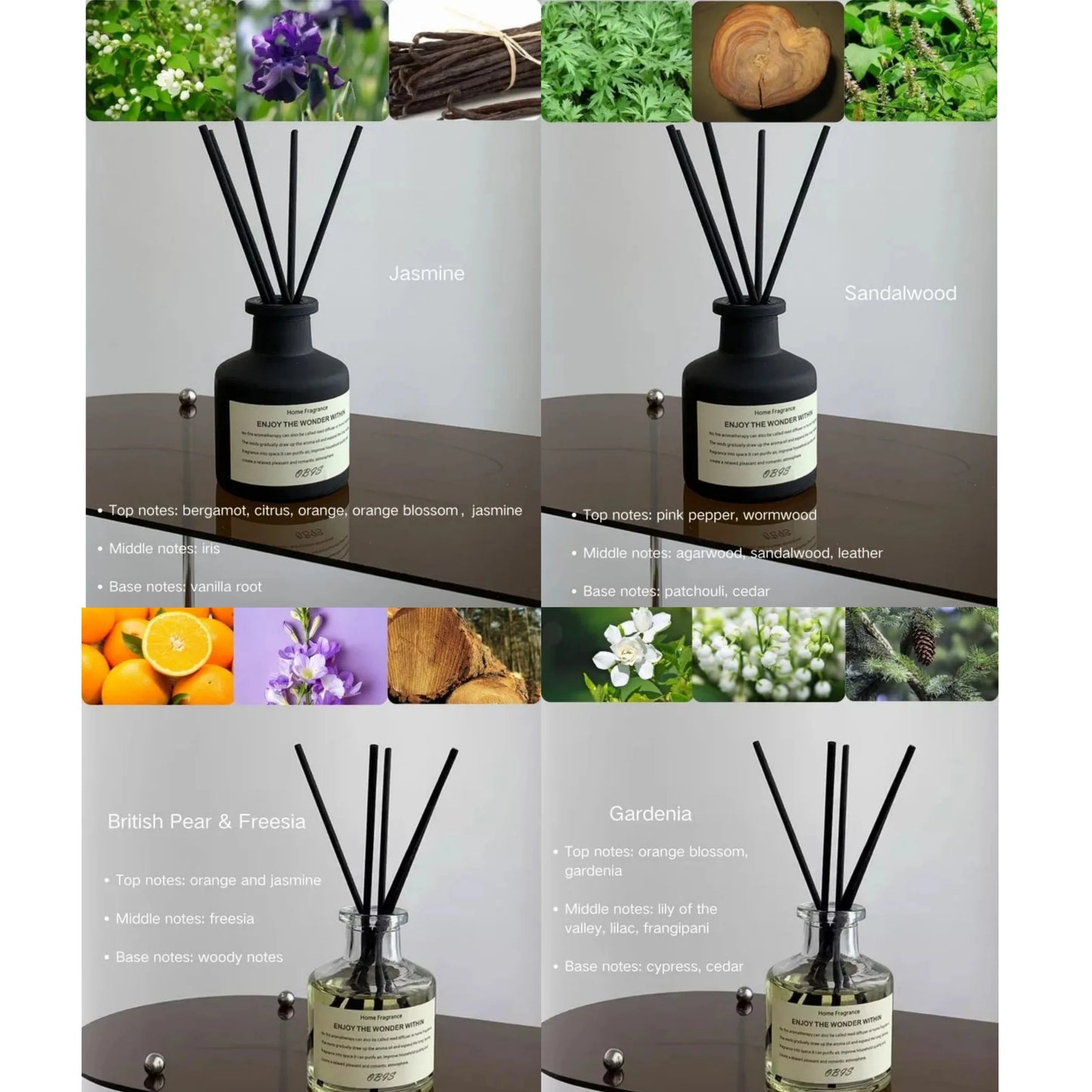 Two 50ml flameless reed diffusers with black reeds in glass bottles, freesia jasmine fragrance