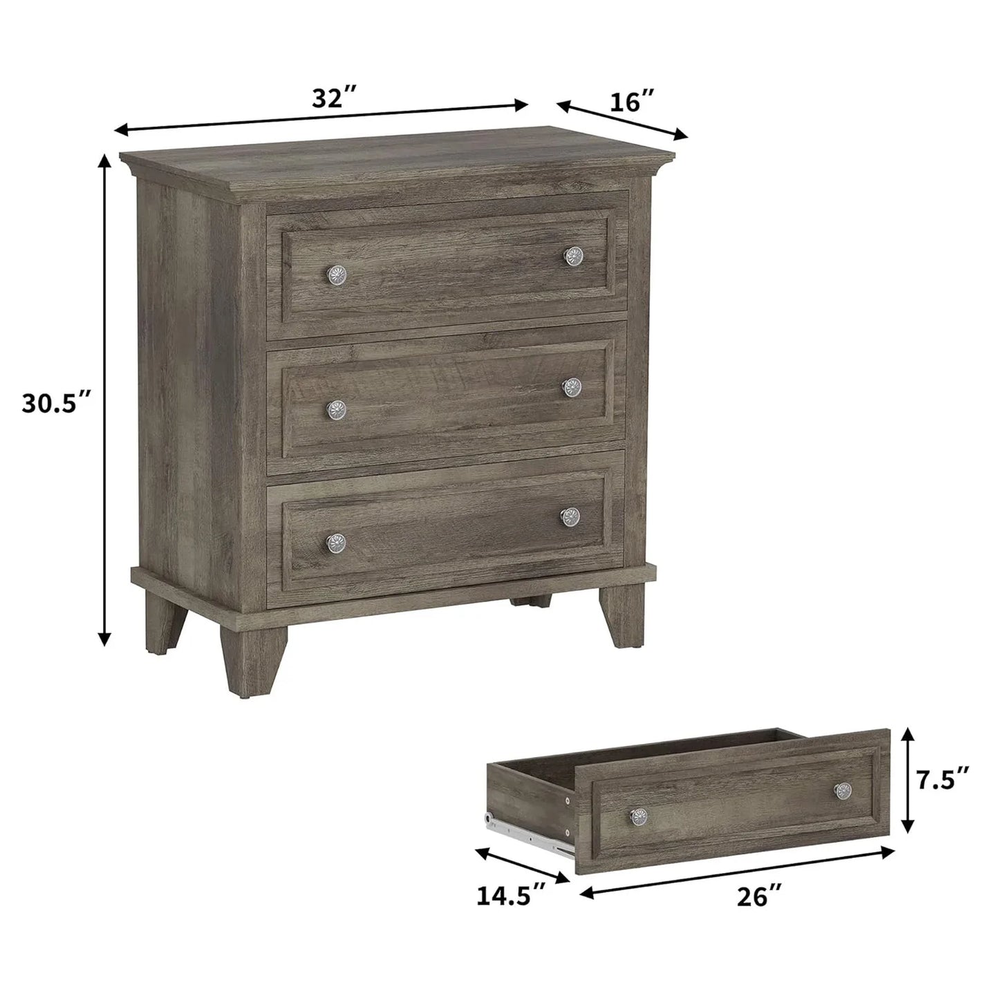 HiMISS 3 Drawer Dresser Wood Storage Chest With Metal Handles