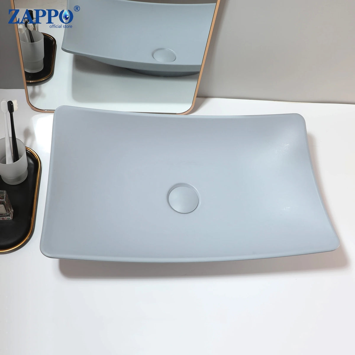 Bathroom vessel sink with drain, light gray stone-resin bowl by ZAPPO