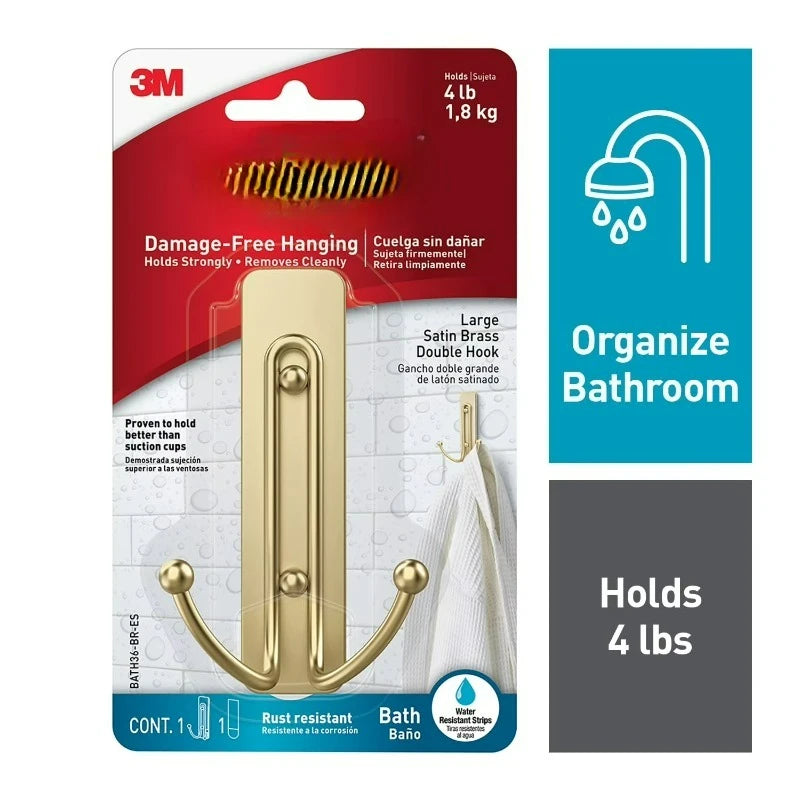 Bath Large Satin Brass Double Hook by S And B Enterprise, 1-hook bathroom organizer holds 4 lb