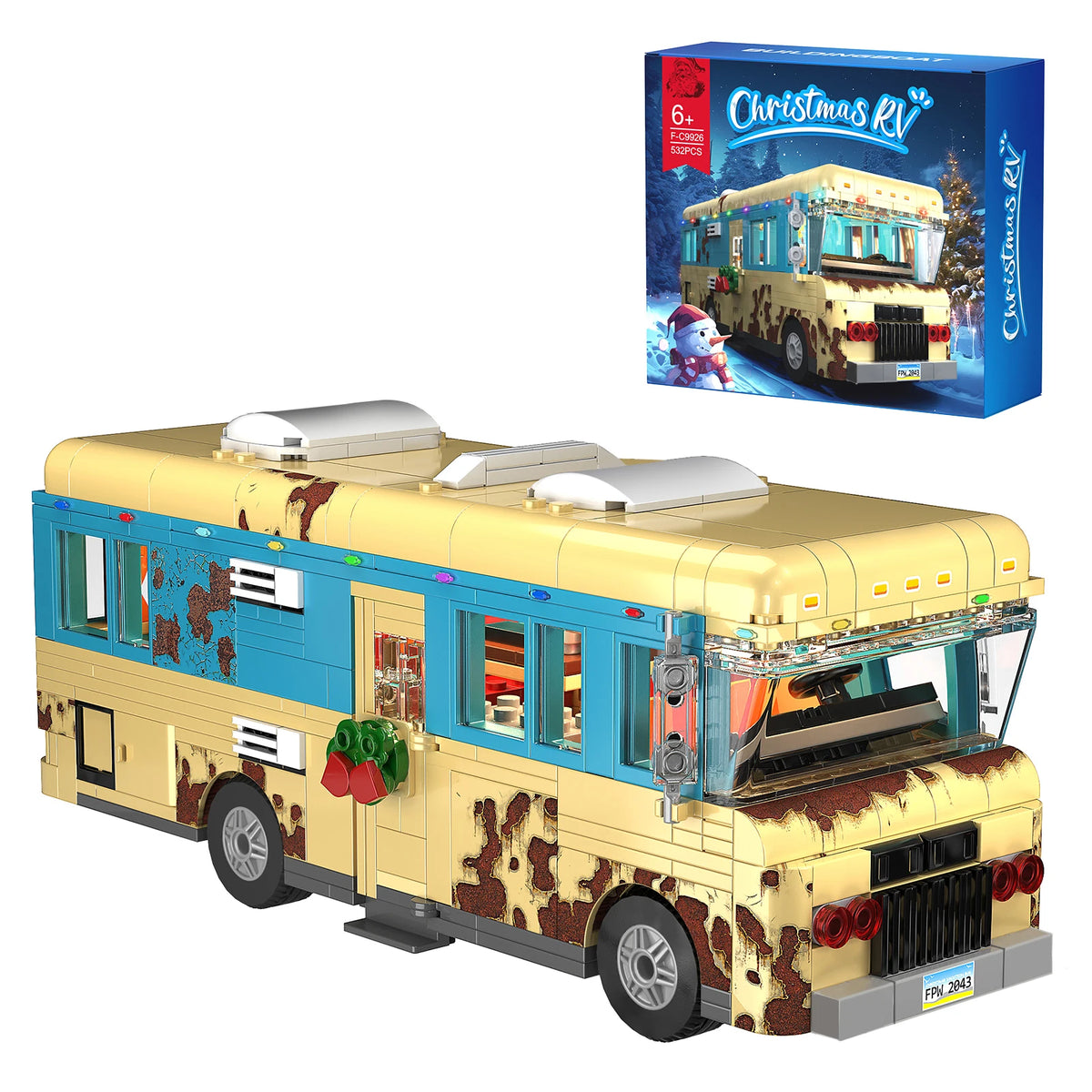 Christmas Cousin's RV building blocks set by S And B Enterprise; beige-yellow and teal bus with LED lights for decor.