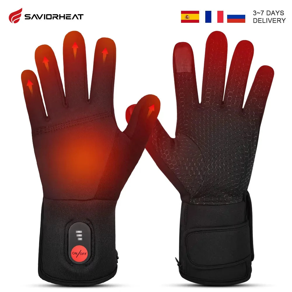 Pair of Saviorheat rechargeable heated gloves, waterproof touchscreen, black with red heat glow