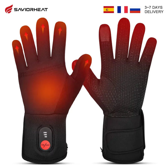Pair of Saviorheat rechargeable heated gloves, waterproof touchscreen, black with red heat glow