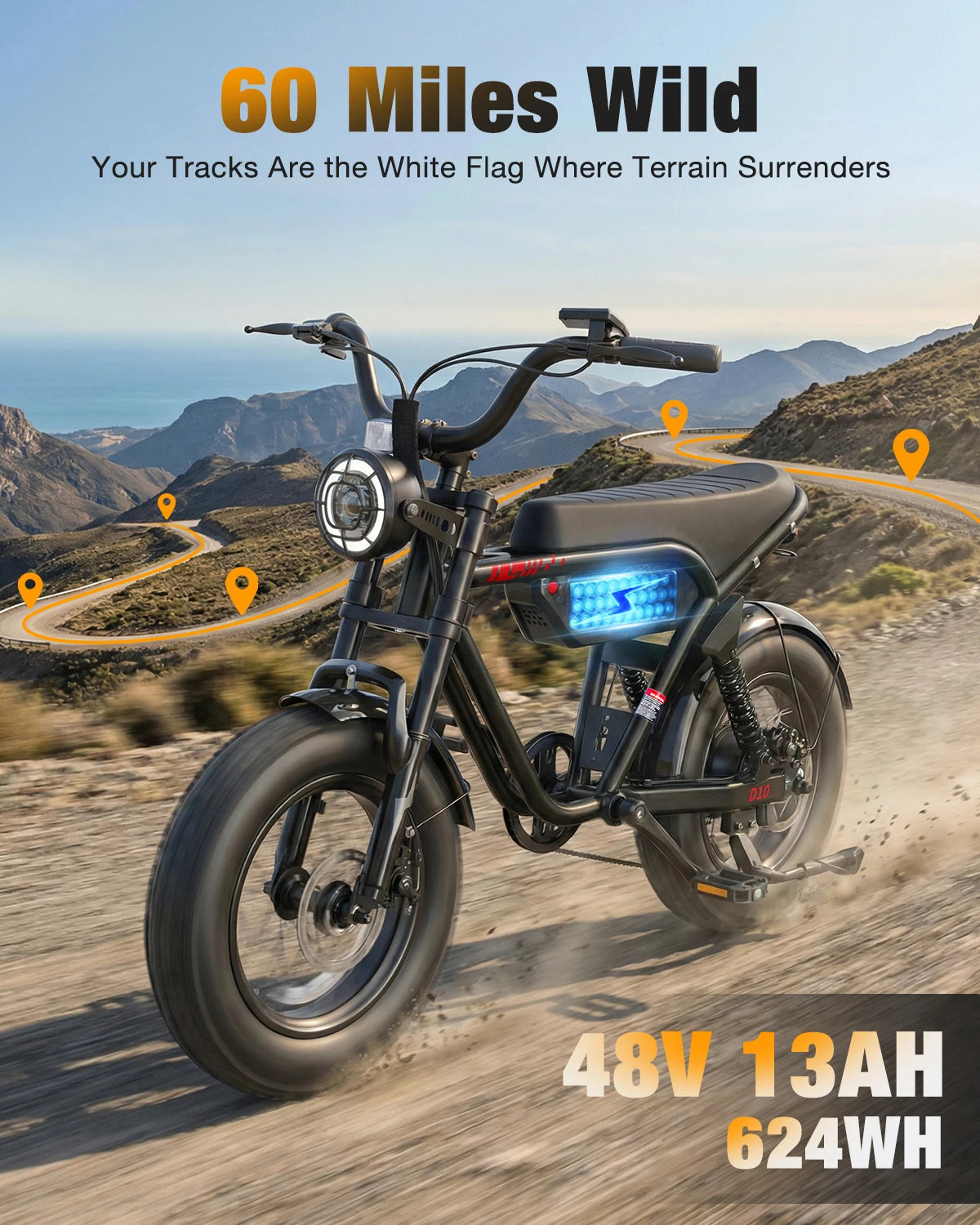 Hopepeak D10 electric fat-tire mountain bike, black, 16-inch tires with full suspension